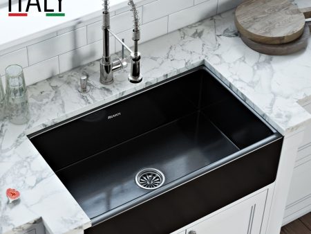 33 x 20 inch Fireclay Reversible Farmhouse Apron-Front Kitchen Sink Single Bowl – Gloss Black on Sale