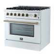 FORNO - Espresso Marco 36  5.36 cu.ft. Gas Range with 6 Burners and Temperature Gauge in Black with Antique Brass Accents, FFSGS6277-36WHT For Sale