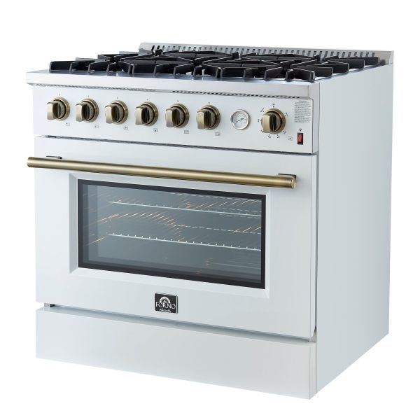 FORNO - Espresso Marco 36  5.36 cu.ft. Gas Range with 6 Burners and Temperature Gauge in Black with Antique Brass Accents, FFSGS6277-36WHT For Sale