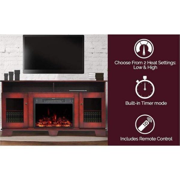 Cambridge Savona Electric Fireplace Heater with 59-In. Cherry TV Stand, Enhanced Log Display, Multi-Color Flames, and Remote For Cheap