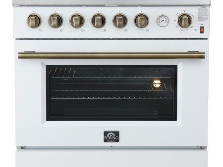 FORNO - Espresso Marco 36  5.36 cu.ft. Gas Range with 6 Burners and Temperature Gauge in Black with Antique Brass Accents, FFSGS6277-36WHT For Sale