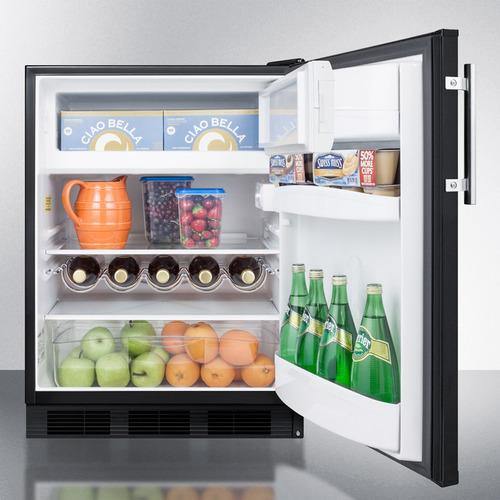 Summit | 24 Inch Undercounter Refrigerator with 5.1 cu. ft. Capacity, 2 Adjustable Glass Shelves, Crisper Drawer, 3 Door Bins, Wine Rack, Freezer Compartment, Interior Lighting and Dial Thermostat: Black |  CT663BK Supply