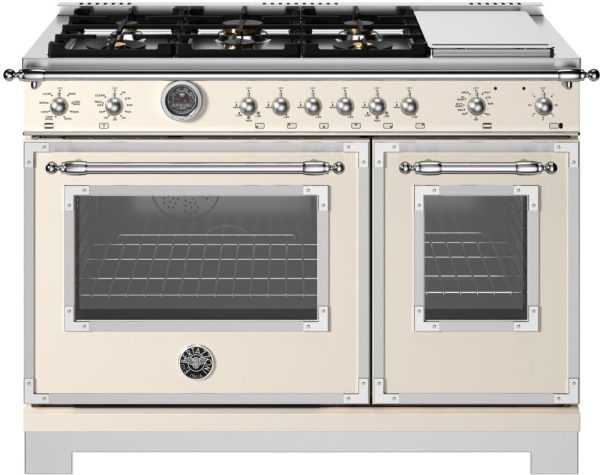 Bertazzoni - 48 inch Dual Fuel Range, 6 Brass Burners and Griddle, Electric Self-Clean Oven - HER486BTFEP Supply