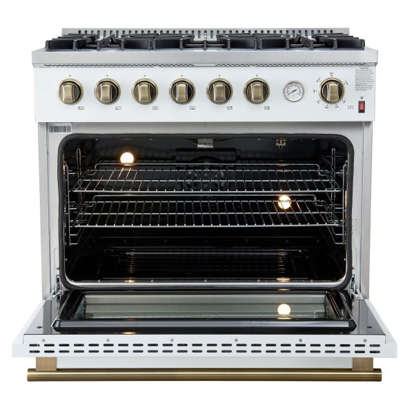 FORNO - Espresso Marco 36  5.36 cu.ft. Gas Range with 6 Burners and Temperature Gauge in Black with Antique Brass Accents, FFSGS6277-36WHT For Sale