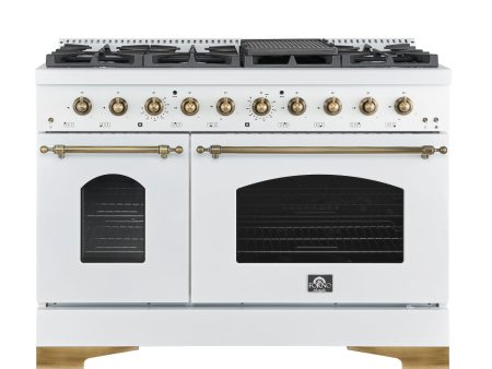 FORNO - Espresso Antico 48  5.5 cu. ft. Dual Fuel Range with 8 Sealed Burners and Griddle in White Black with Antique Brass Accents Sale