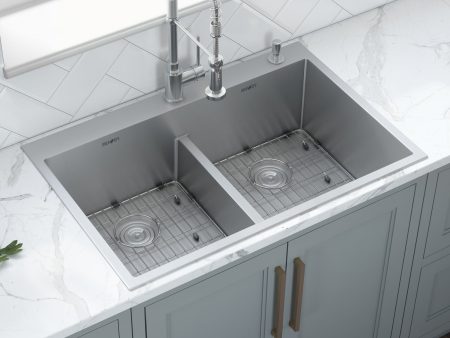 33 x 22 inch Drop-in 50 50 Double Bowl Tight Radius 16 Gauge Topmount Stainless Steel Kitchen Sink Cheap