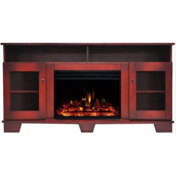 Cambridge Savona Electric Fireplace Heater with 59-In. Cherry TV Stand, Enhanced Log Display, Multi-Color Flames, and Remote For Cheap