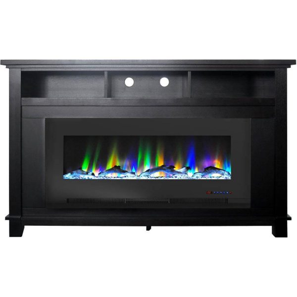 Cambridge San Jose Fireplace Entertainment Stand in Black with 50  Color-Changing Fireplace Insert and Driftwood Log Display, For Discount