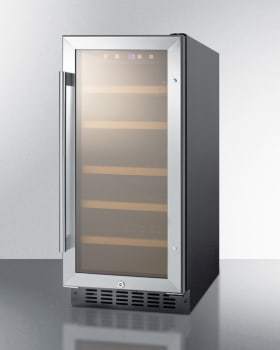 Summit - 15 Inch Built-In or Freestanding Wine Cellar with 2.2 Cu. Ft. 23 Bottle Capacity, Stainless Steel Trimmed Glass Door, Wooden Shelves, Digital Thermostat, Door & Temperature Alarm, Lock, and ADA Compliant | ALWC15 Hot on Sale