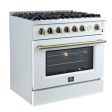 FORNO - Espresso Marco 36  5.36 cu.ft. Gas Range with 6 Burners and Temperature Gauge in Black with Antique Brass Accents, FFSGS6277-36WHT For Sale