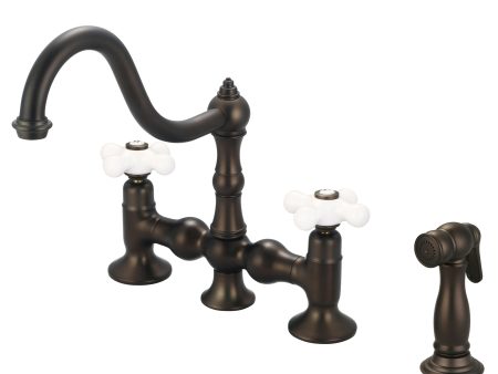 Water Creation | Bridge Style Kitchen Faucet With Side Spray To Match in Oil-rubbed Bronze Finish Finish With Porcelain Cross Handles, Hot And Cold Labels Included | F5-0010-03-PX Hot on Sale