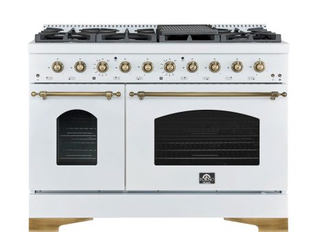 FORNO - Espresso Antico 48  5.5 cu. ft. Gas Range with 8 Sealed Burners and Griddle in White Black with Antique Brass Accents Online Hot Sale