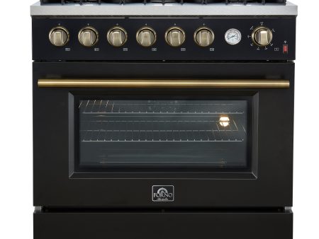 FORNO - Espresso Marco 36  5.36 cu.ft. Gas Range with 6 Burners and Temperature Gauge in Black with Antique Brass Accents, FFSGS6277-36BLK Supply