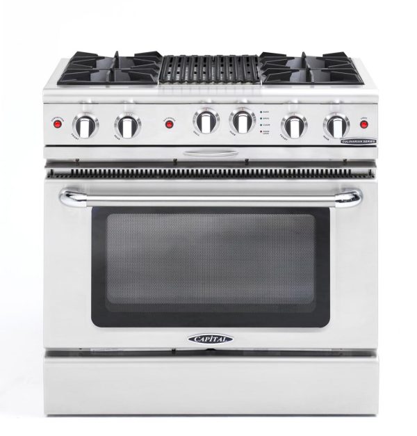 Capital Cooking - 36  Capital Culinarian Range - Self Clean - 25K BTU - 4 Open Burners + 12 BBQ, 1 8K BTU Small Pan Burner - CGSR362B2 For Sale